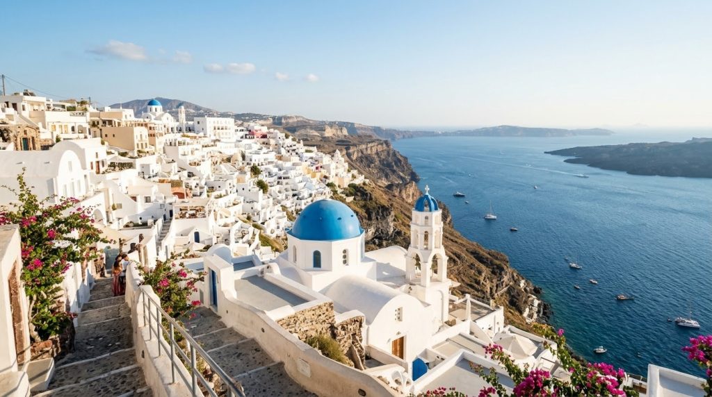 whitewashed buildings and blue domes overlooking the sea in Santorini