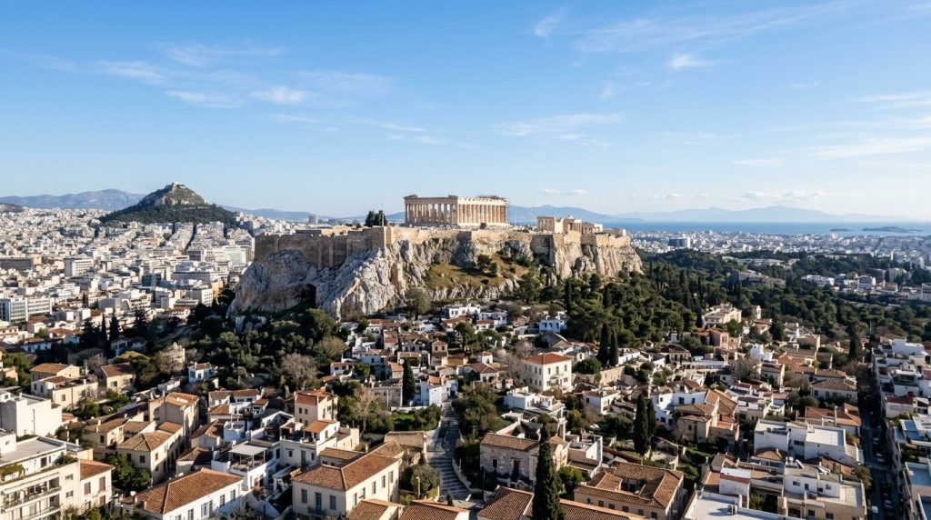 the Acropolis of Athens standing above the city in winter