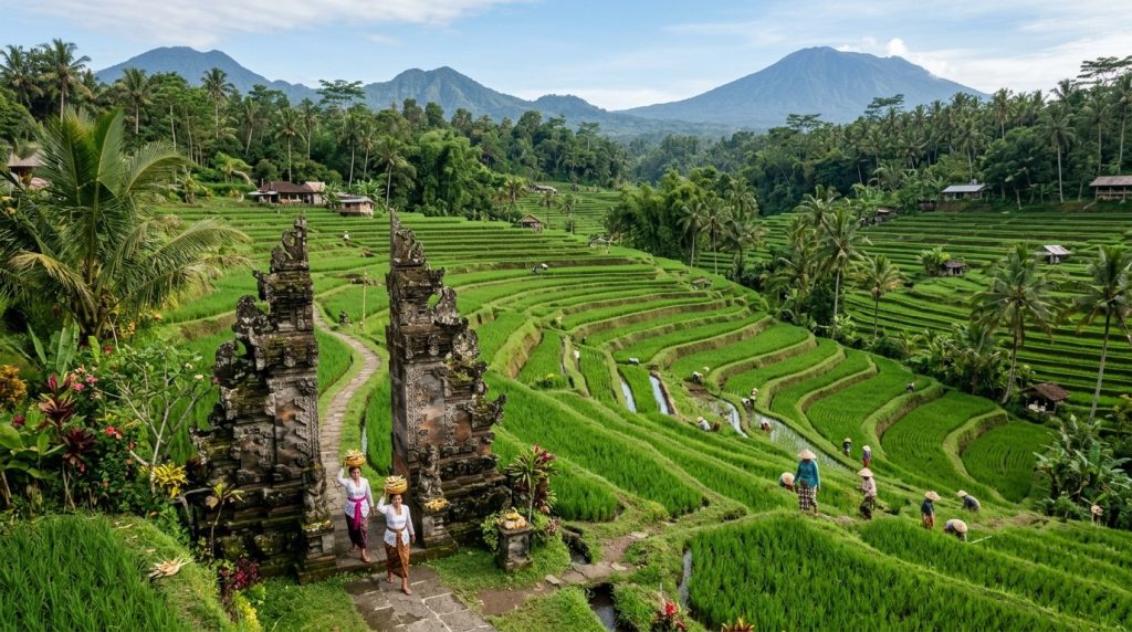 green rice terraces and a stone temple gate near Ubud, Bali