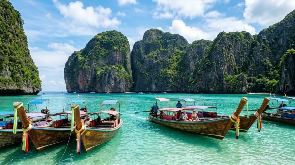 longtail boats near limestone cliffs in a turquoise bay off Phuket