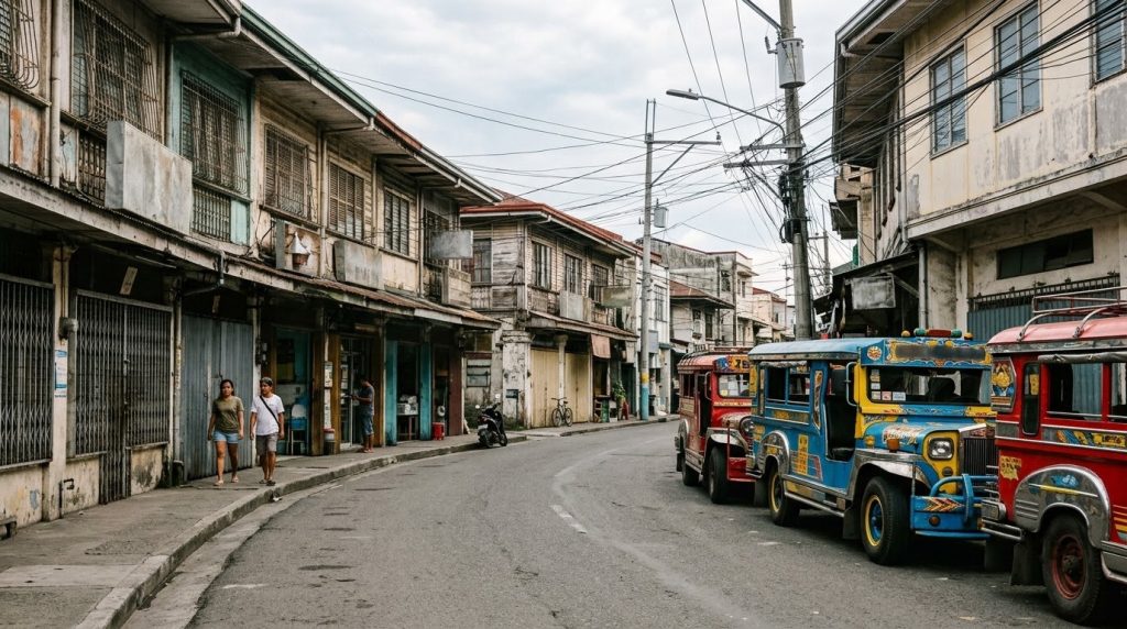 a quiet street with jeepneys and shopfronts in downtown Cebu City
