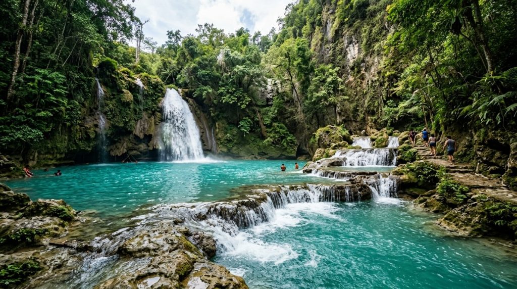turquoise water flowing over tiered rock pools at Kawasan Falls, Cebu