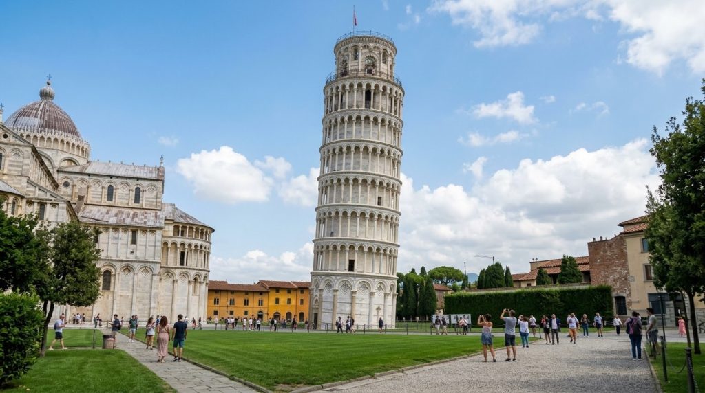 the Leaning Tower of Pisa standing on a green lawn