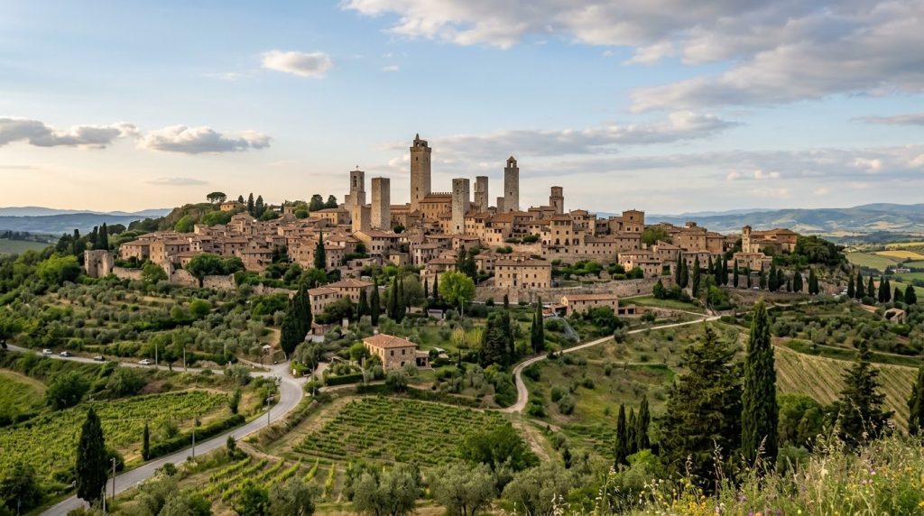 medieval stone towers rising above the hilltop village of San Gimignano