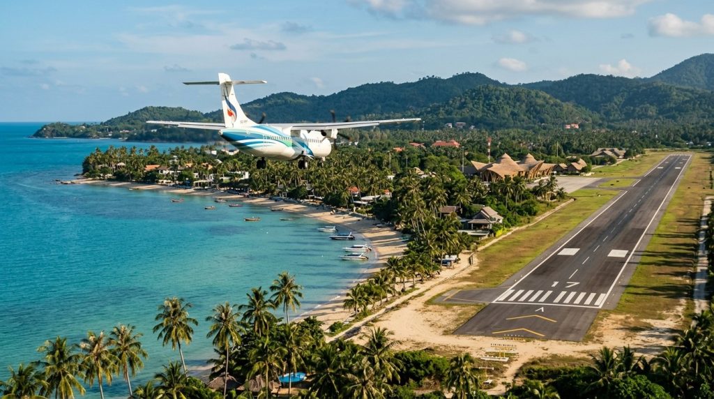 a small plane descending over the palm lined coast near Koh Samui's airport