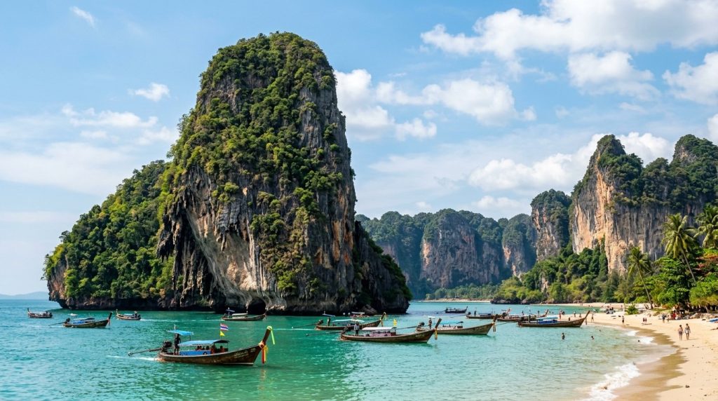 limestone karst towers rising from turquoise water near Railay Beach, Krabi