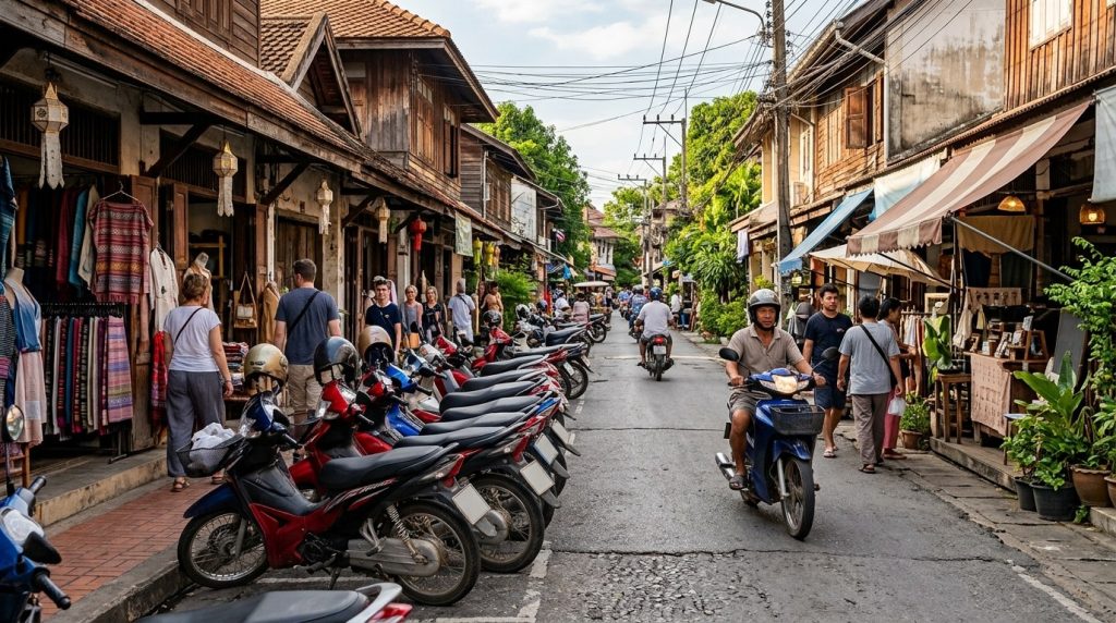 an ordinary street with motorbikes and shops in Chiang Mai's old city