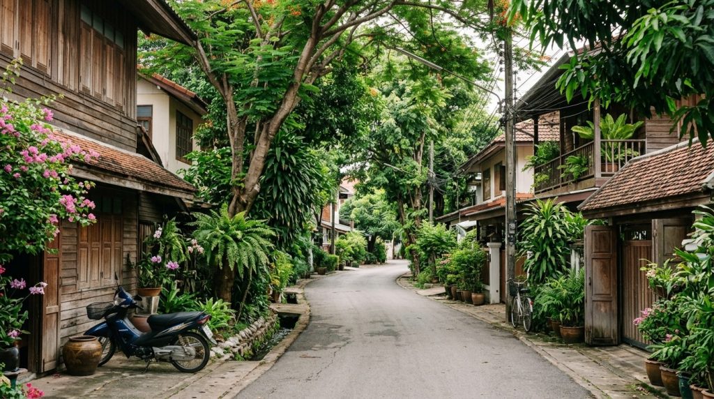 a quiet tree-lined residential lane in Chiang Mai