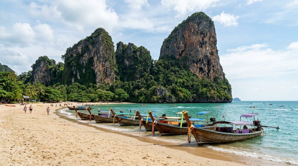 limestone cliffs rising above Railay beach with longtail boats on the sand