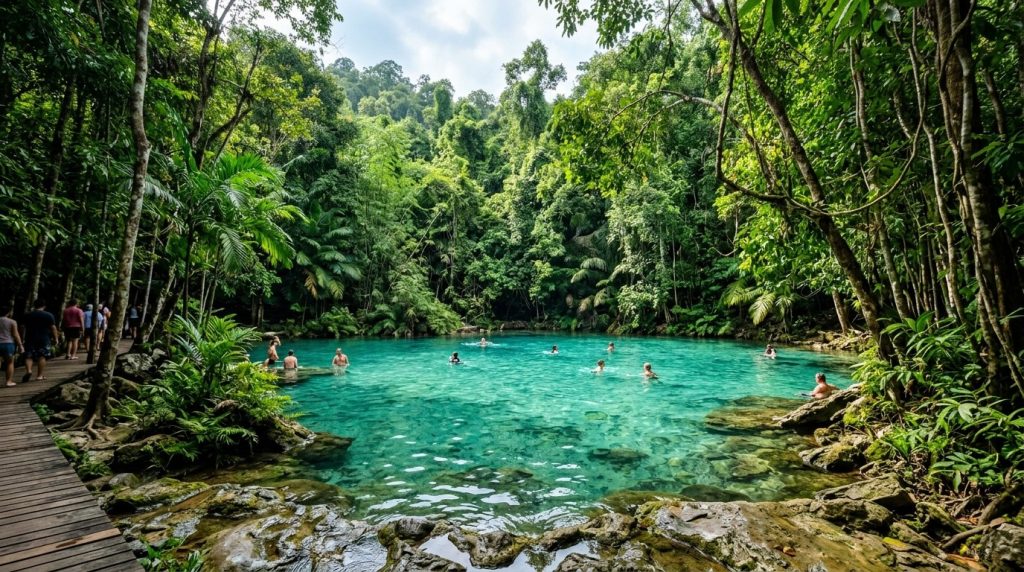 a turquoise jungle pool surrounded by rainforest at Emerald Pool, Krabi