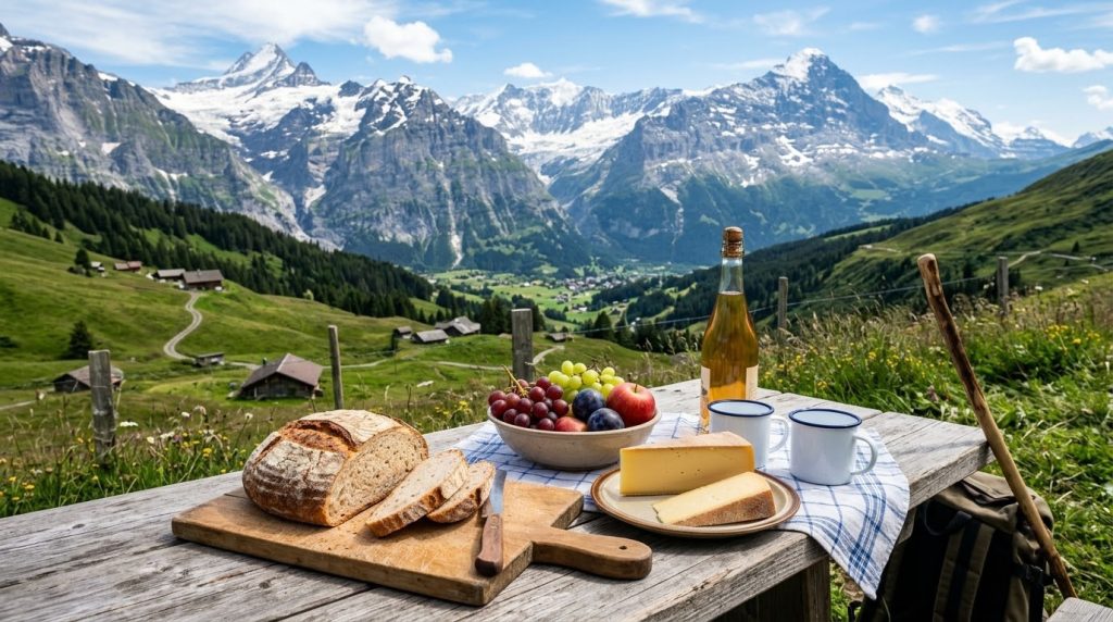 a simple picnic of bread, cheese and fruit with Alpine scenery behind