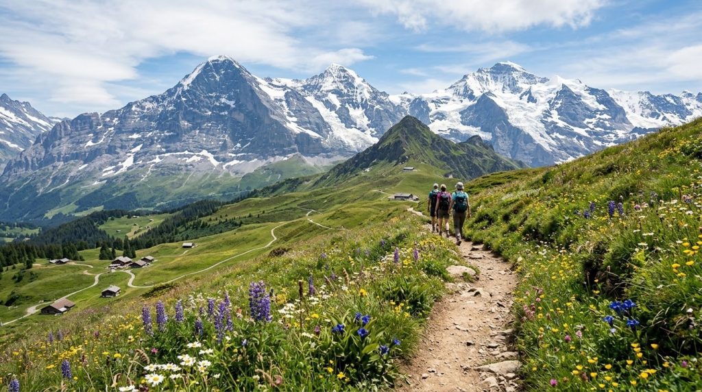 a hiking trail through an Alpine meadow with snow-capped peaks beyond