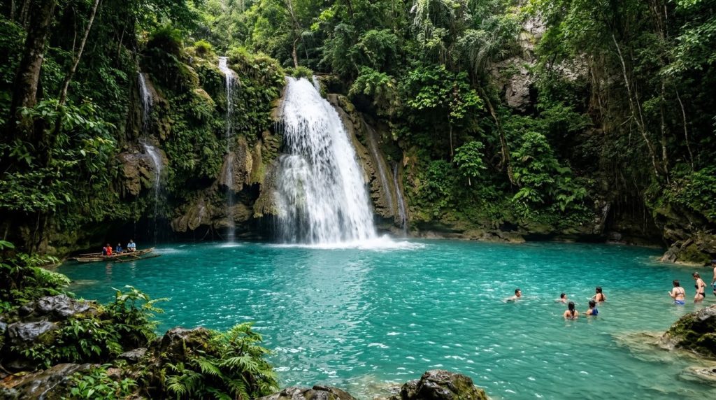 turquoise water cascading over the multi tiered Kawasan Falls near Cebu