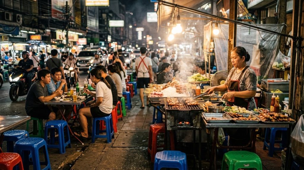 a street food stall with grilled skewers on a Bangkok sidewalk at night