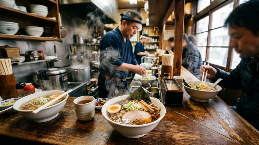 steaming bowls of ramen served at a small counter shop in Japan