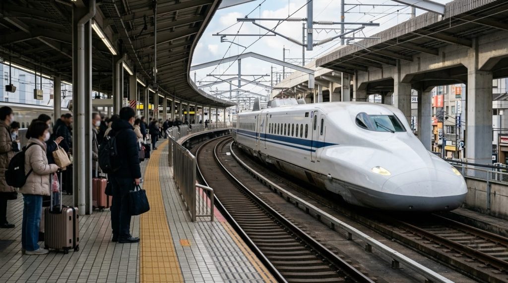 a Shinkansen bullet train arriving at a platform in Japan