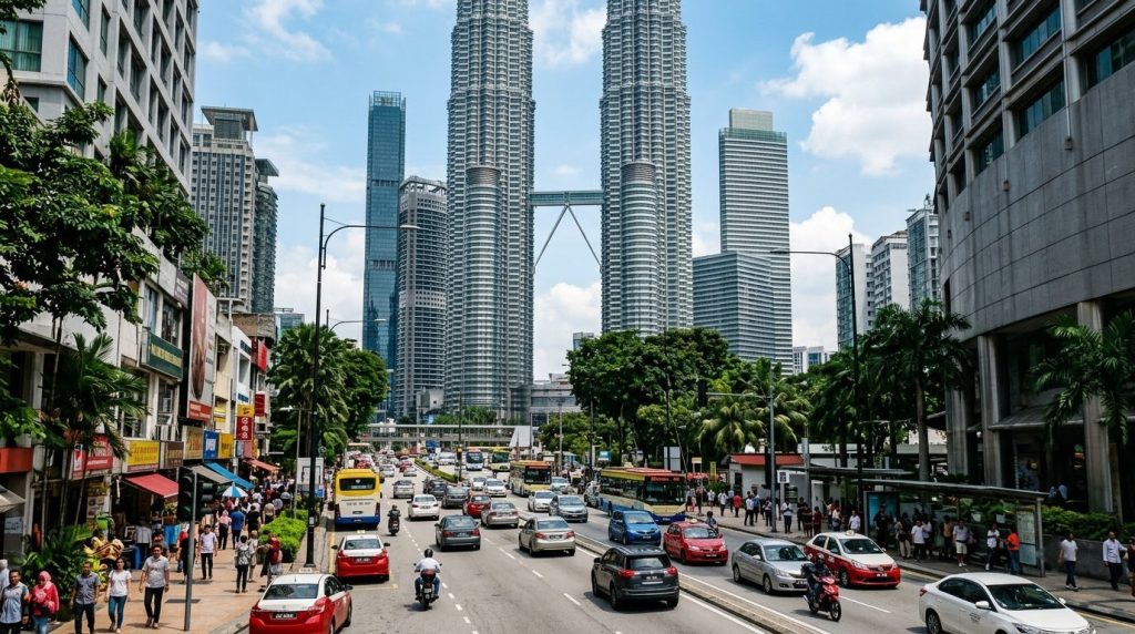 the Petronas Towers rising above a busy street in Kuala Lumpur