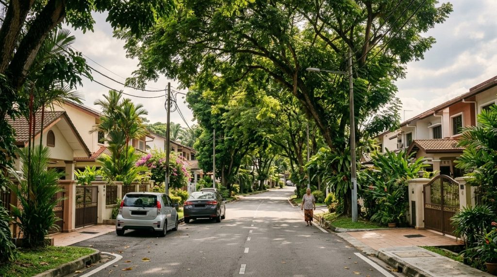 a quiet residential street with shade trees in a Kuala Lumpur neighborhood