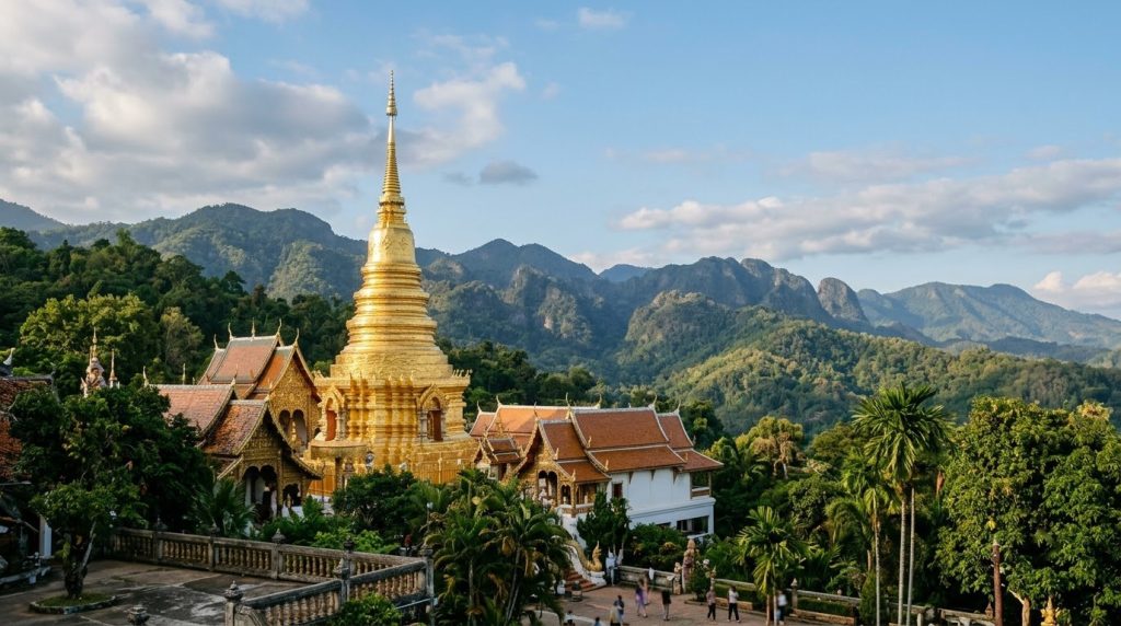 a golden Buddhist temple spire against the hills near Chiang Mai