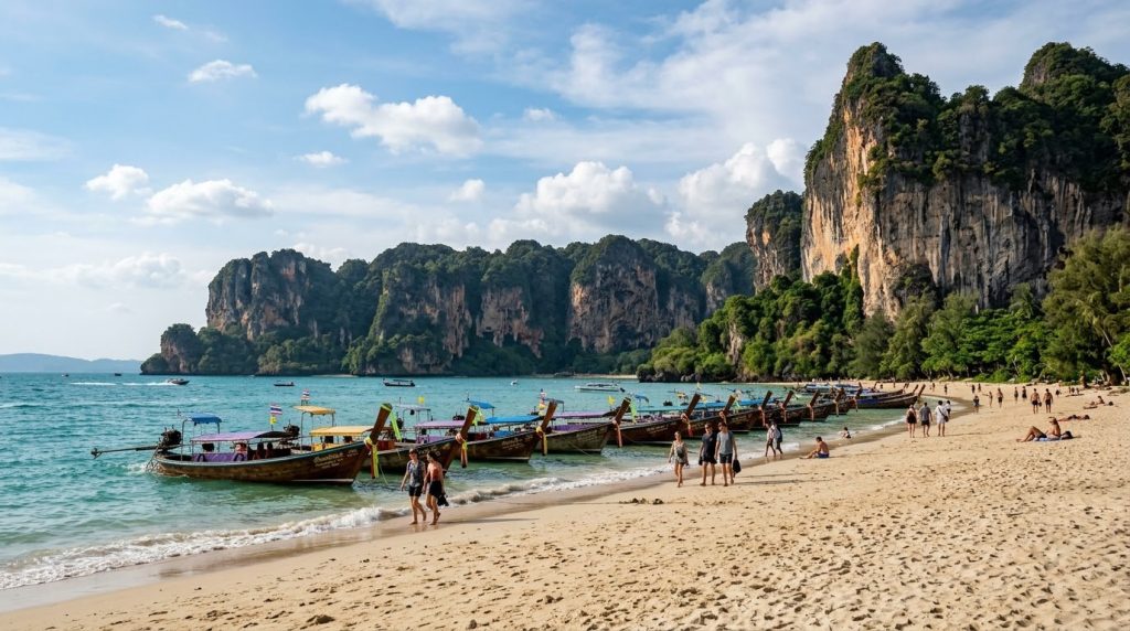 limestone cliffs and longtail boats along a beach on Thailand's Andaman coast