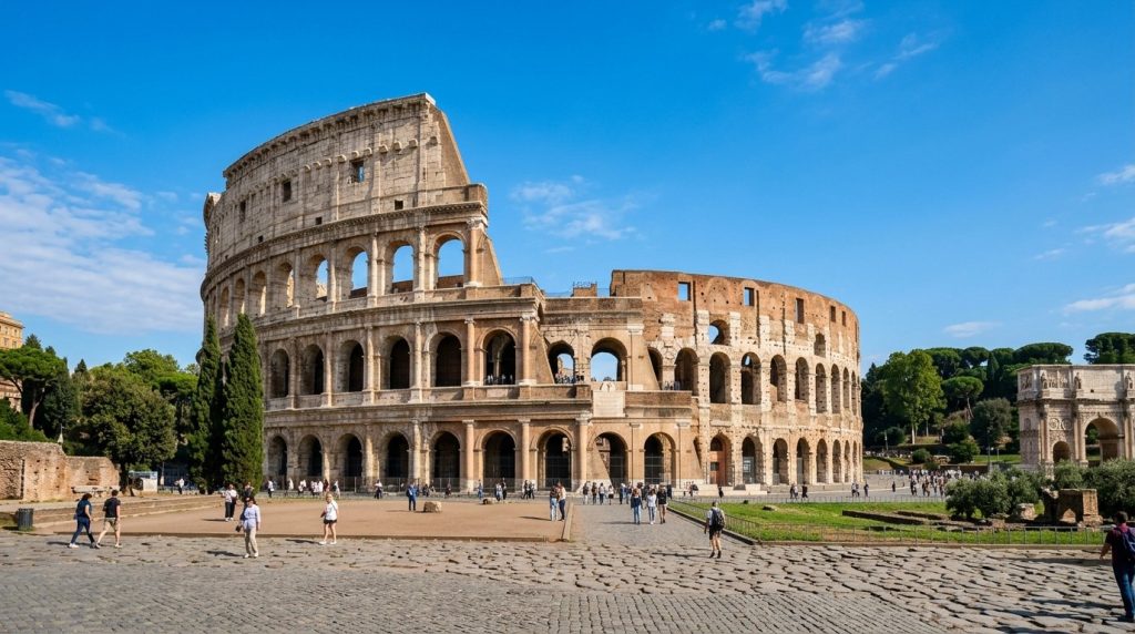the ancient Colosseum under a clear sky in Rome