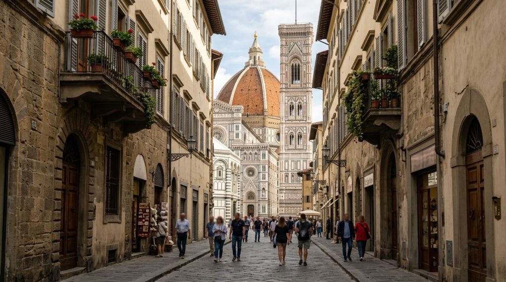 a narrow street lined with Renaissance-era buildings near the Duomo