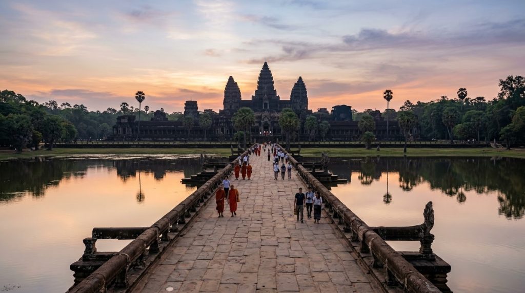 the causeway leading to Angkor Wat across its moat in the early morning