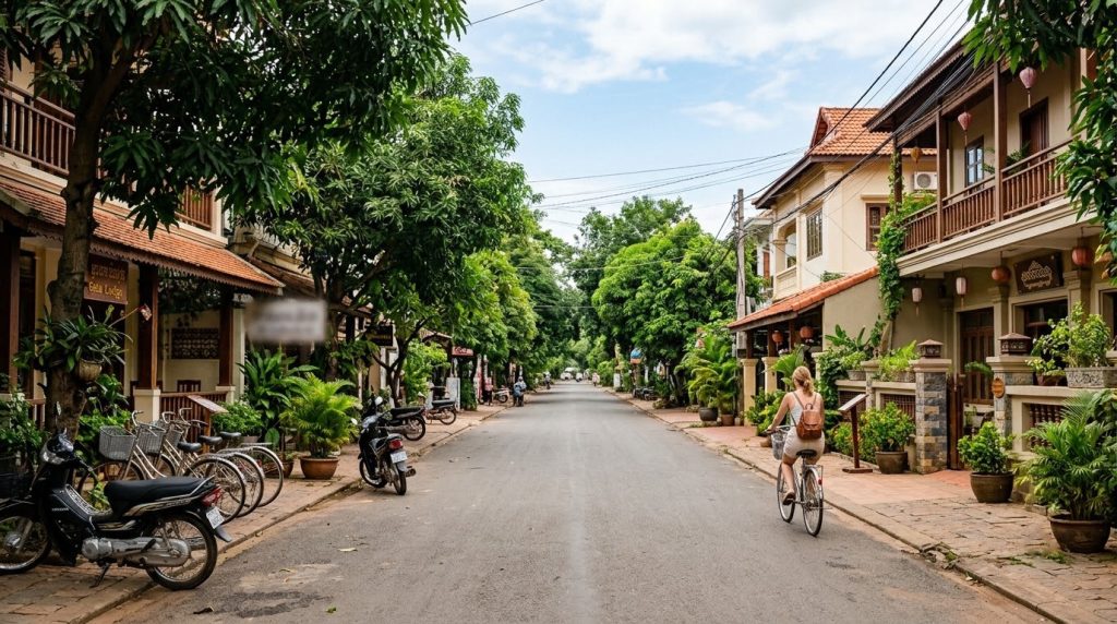 a quiet tree-lined street with guesthouses near central Siem Reap