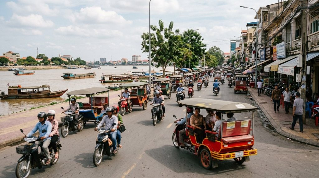 tuk-tuks and motorbikes along an ordinary riverside street in Phnom Penh