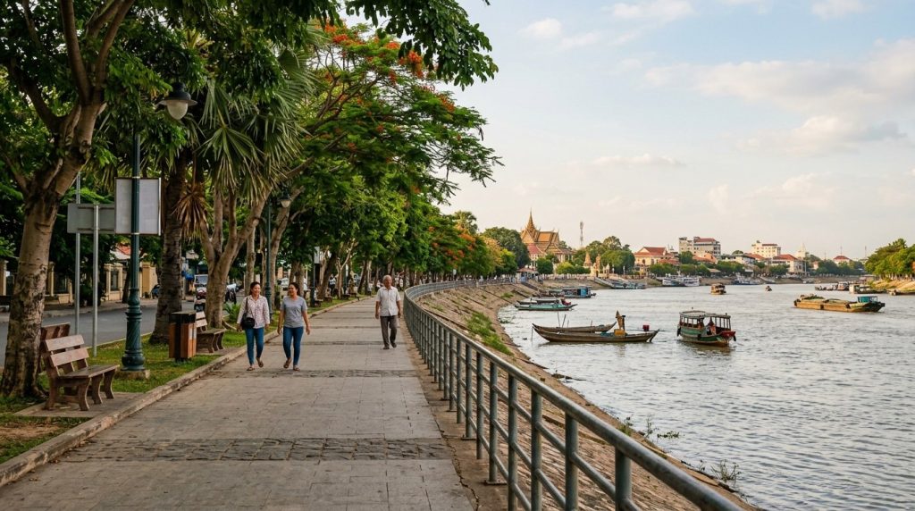 a quiet tree-lined promenade beside the Mekong riverfront in Phnom Penh