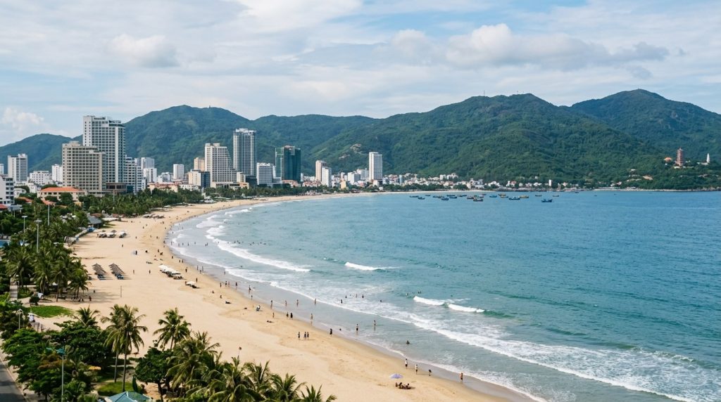 the long curve of My Khe Beach with Da Nang's coastline in view
