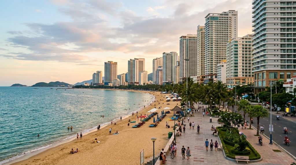 resort towers lining the beachfront promenade of Nha Trang, Vietnam