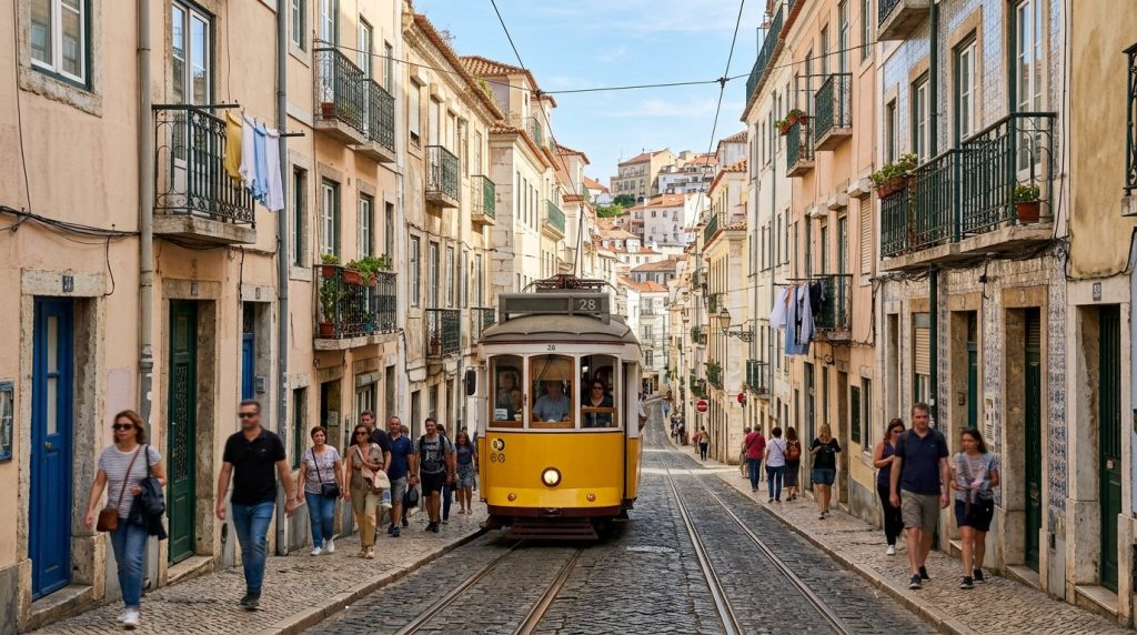 the historic yellow Tram 28 climbing a narrow hilly street in Lisbon