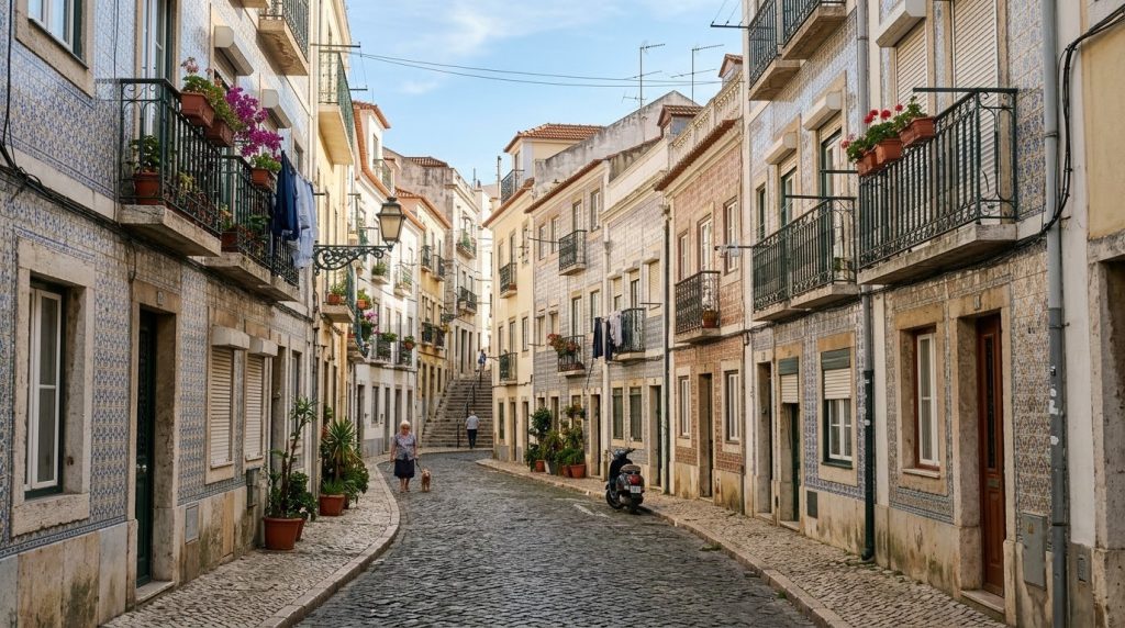 a quiet residential street with tiled facades in a Lisbon neighborhood