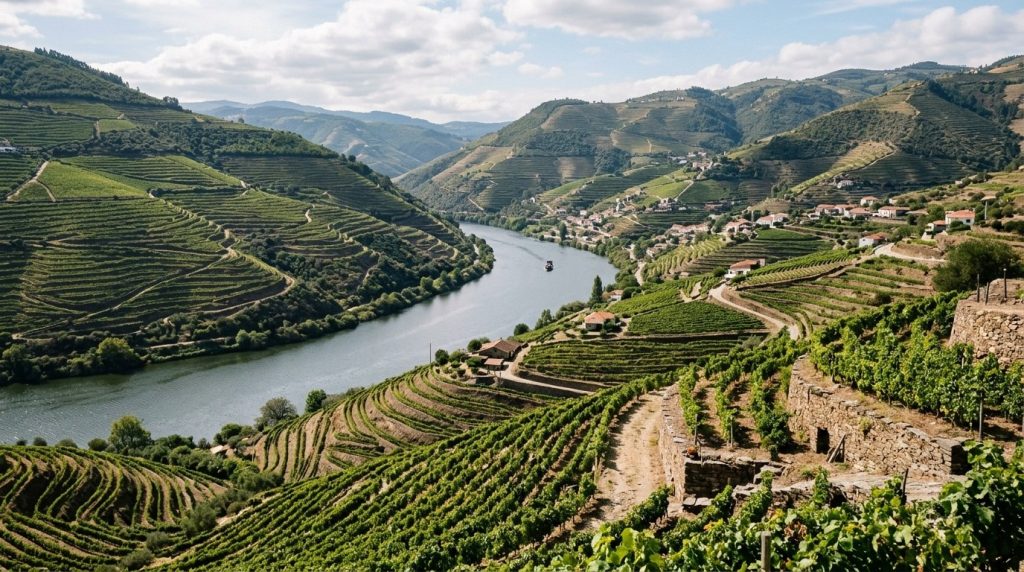 terraced vineyards along the Douro River valley in Portugal