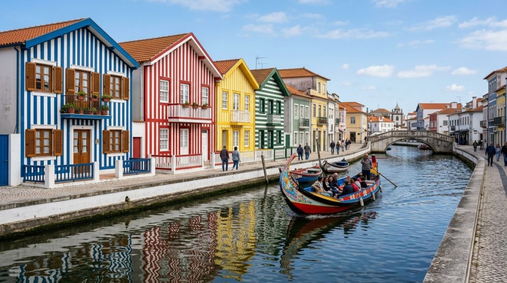 colorful striped houses along a canal with a boat in Aveiro