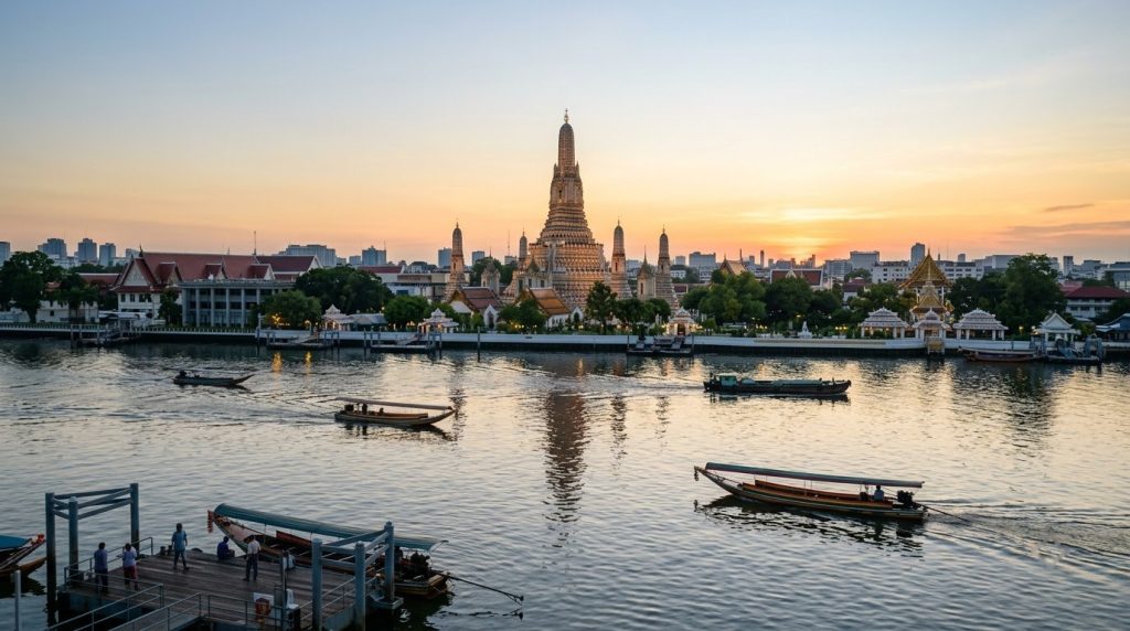 Wat Arun temple across the Chao Phraya River in Bangkok, Thailand