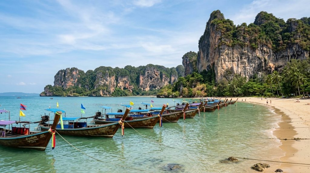 Longtail boats below limestone cliffs at Railay Beach near Krabi