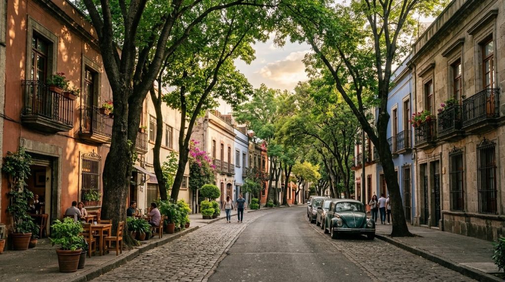 Tree-lined street in Condesa, Mexico City, in late afternoon light