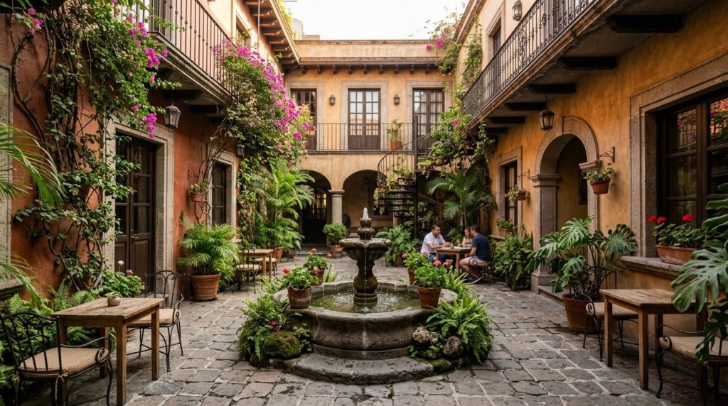 Boutique hotel courtyard with fountain in Roma Norte, Mexico City