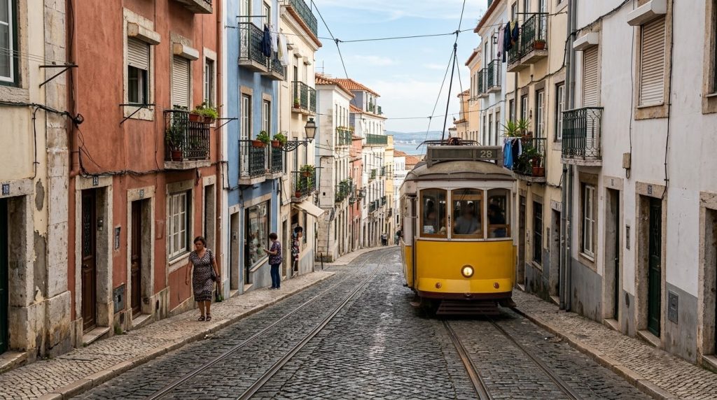 Yellow tram climbing a cobbled street in Lisbon's Alfama district