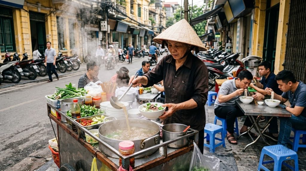Street vendor serving bowls of pho on a Hanoi sidewalk