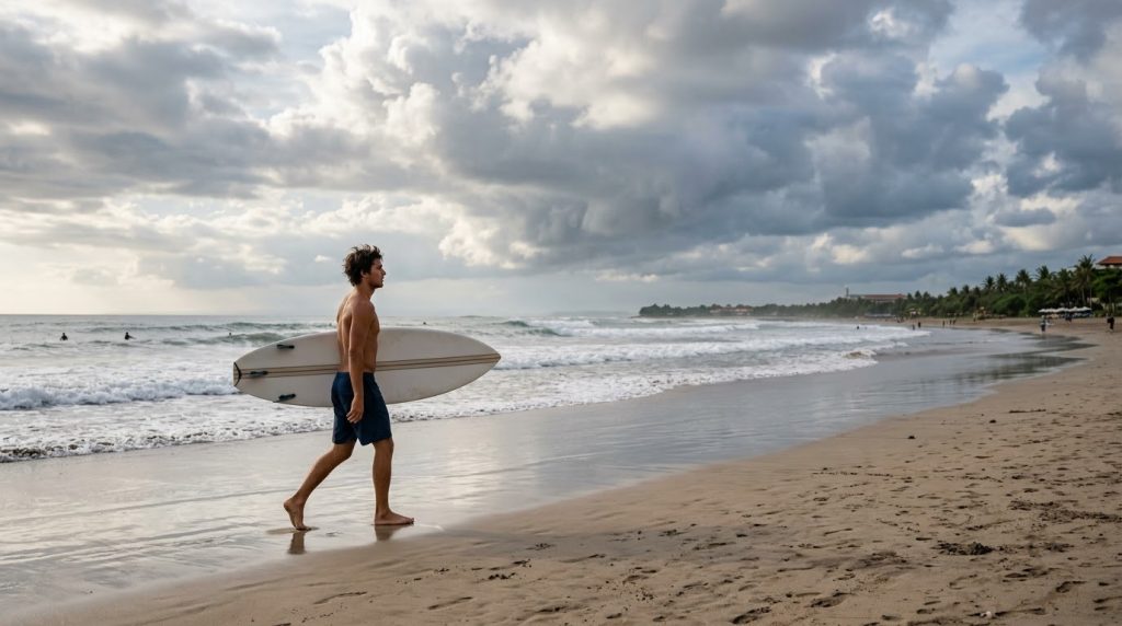 Surfer walking across Kuta Beach in Bali under cloudy skies