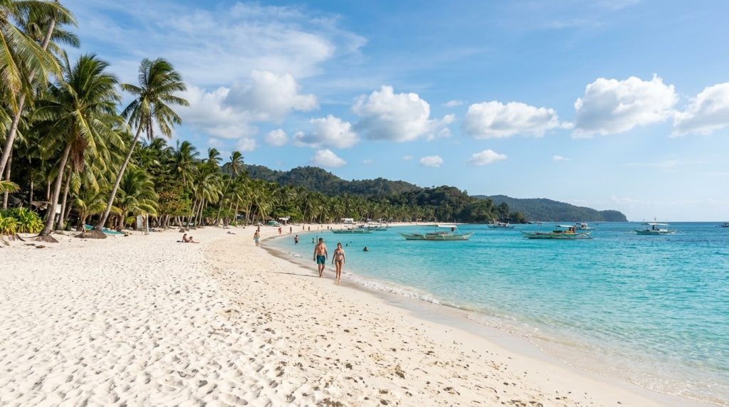White sand beach with turquoise water on Boracay island, Philippines