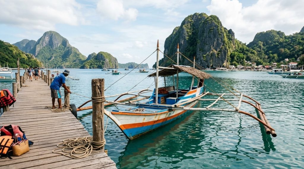 Wooden outrigger bangka boat docked at a pier in El Nido, Palawan