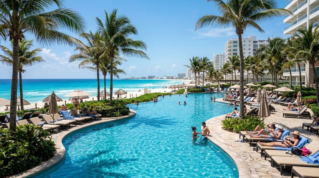 Beachfront resort pool area with palm trees in Cancun's Hotel Zone