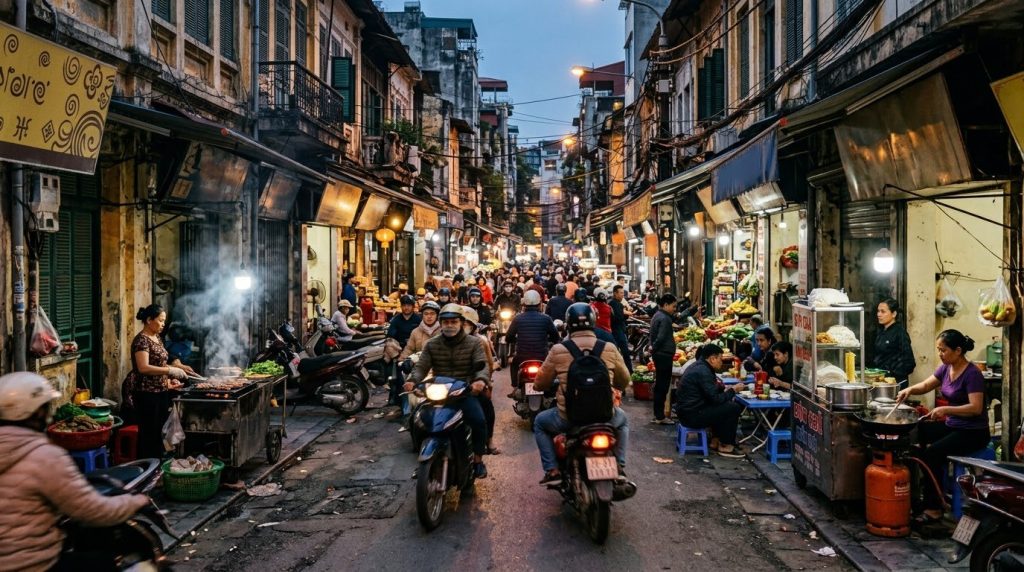 Motorbikes and vendors crowding a street in Hanoi's Old Quarter