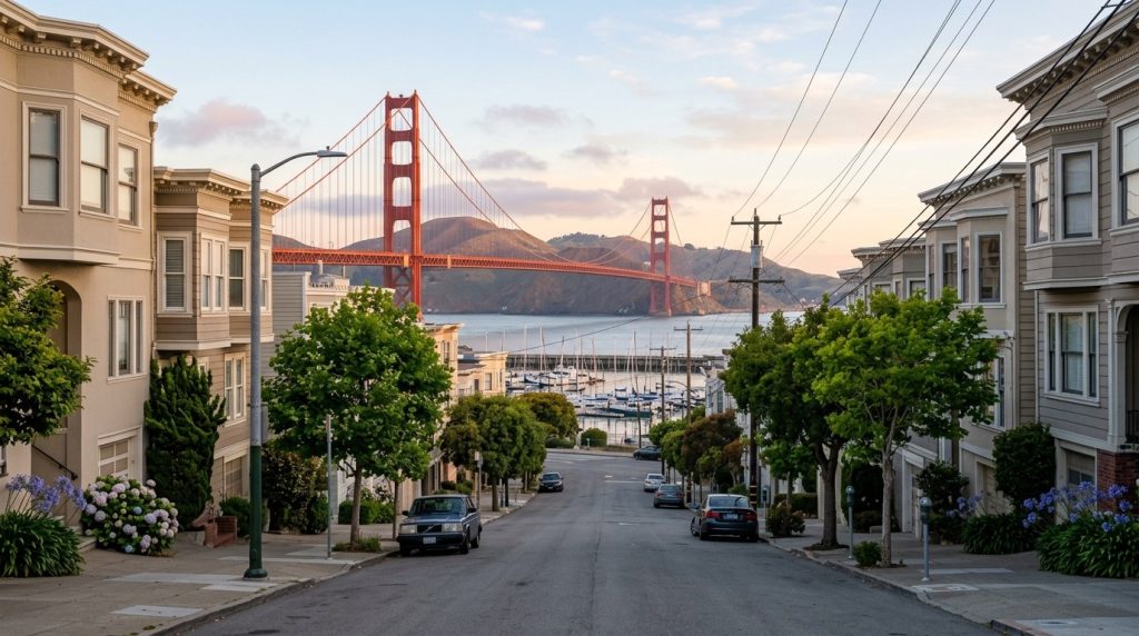 Golden Gate Bridge seen from a quiet street in San Francisco
