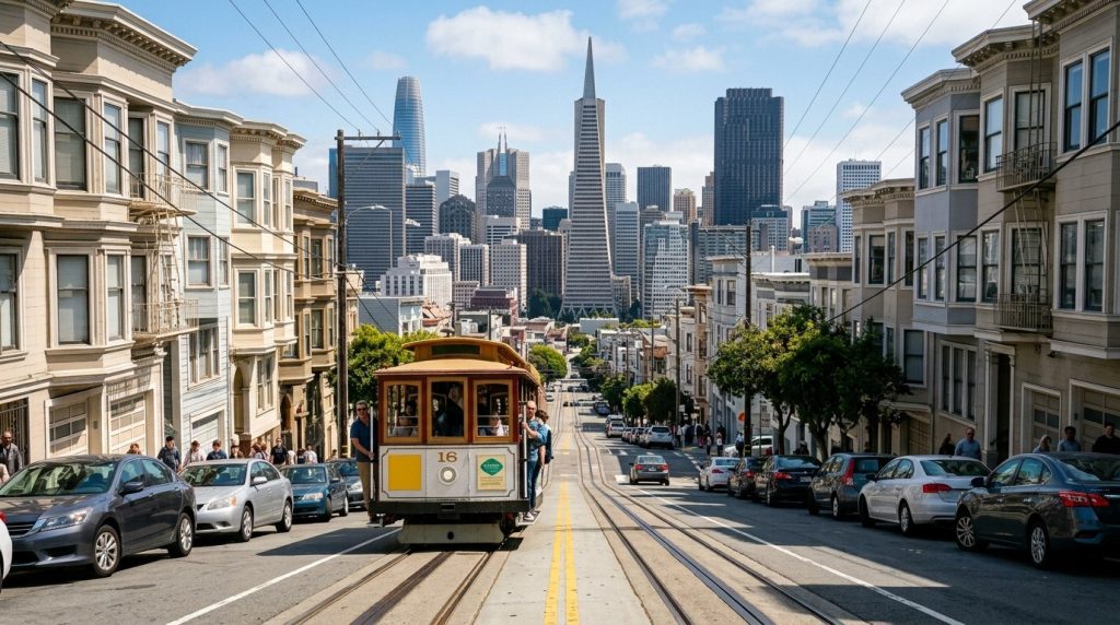 Cable car climbing a steep street in downtown San Francisco