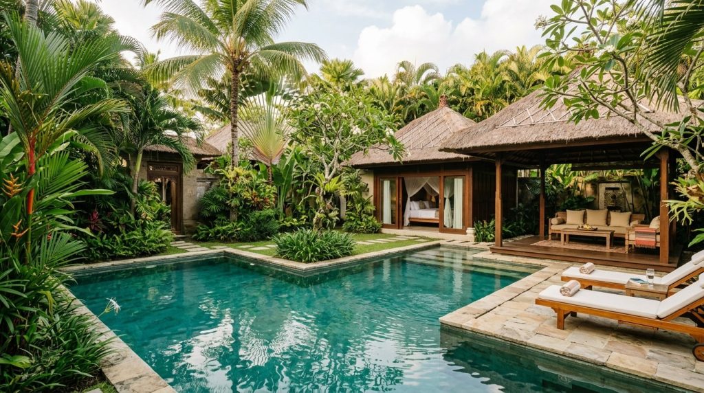 Private pool villa surrounded by palms in Seminyak, Bali